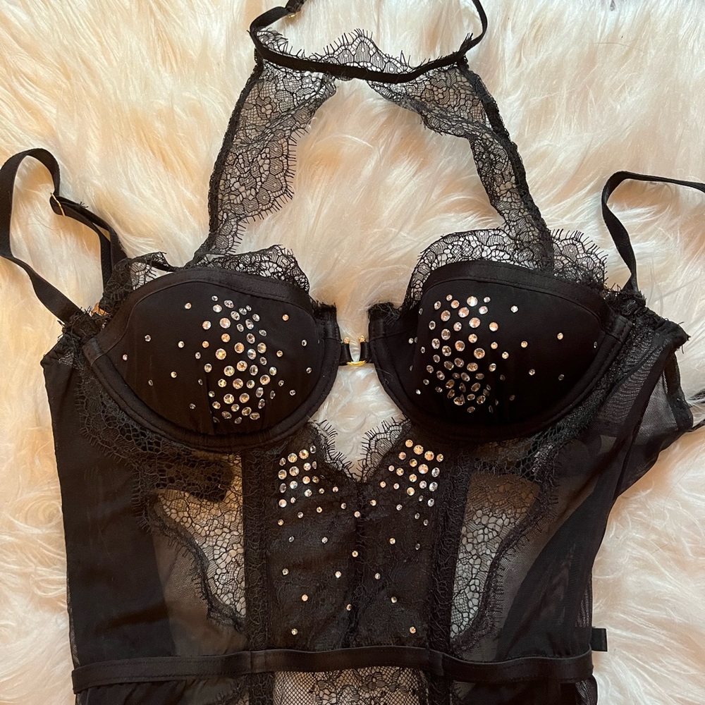 Victoria Secret Black Rhinestone Corset Teddy with Choker 32B